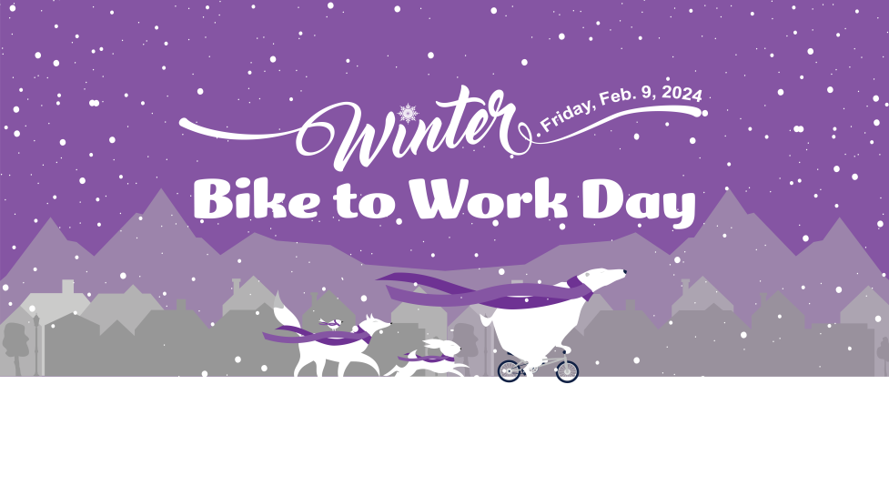 purple sky with snow falling on bear, fox and rabbit graphic that says winter bike to work day February 9, 2024