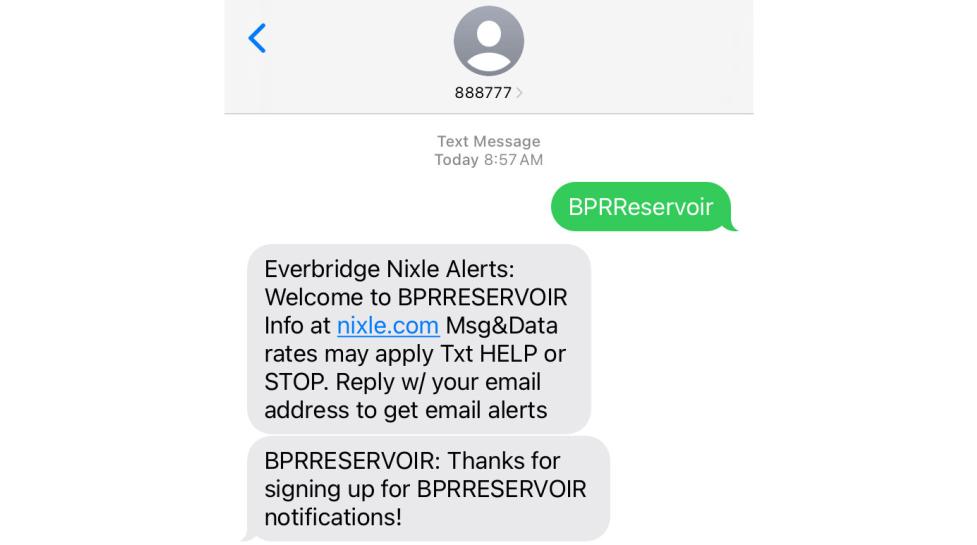 Captura de pantalla del registro para recibir alertas de texto de Parques y Recreación