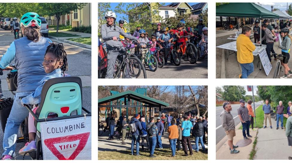 Collage of people gathered or biking and walking at different Iris Avenue project engagement events 