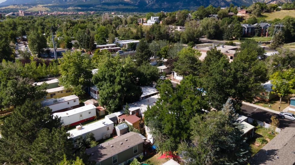 Aerial view of Mapleton mobile home park looking southwest with the Boulder flatirons in the background. 