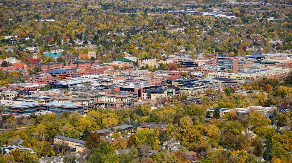 Drone shot of downtown Boulder