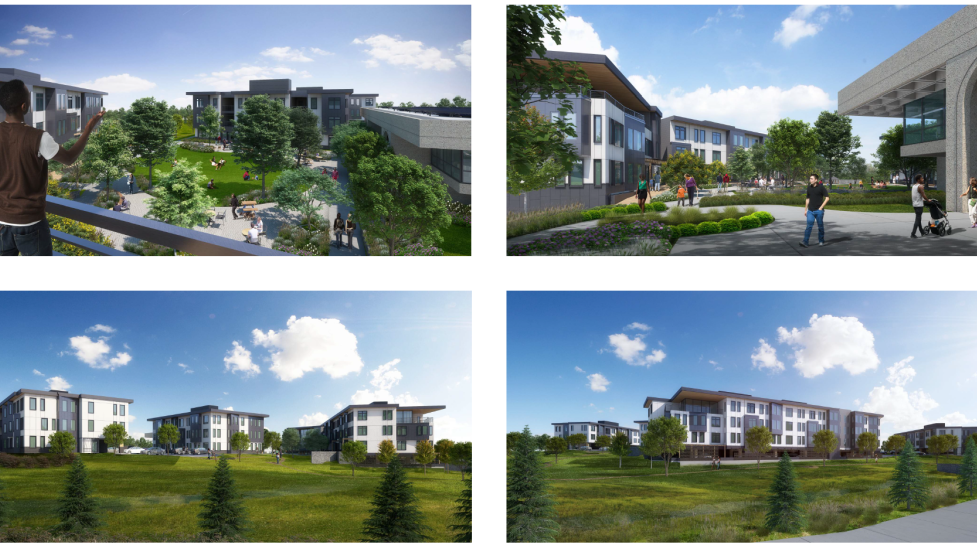 Exterior renderings of Penrose Place, a 113-unit, 100% permanently affordable housing development.