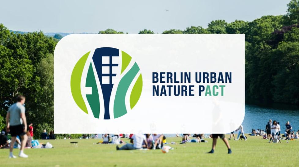 Berlin Urban Nature Pact logo superimposed in front of a park