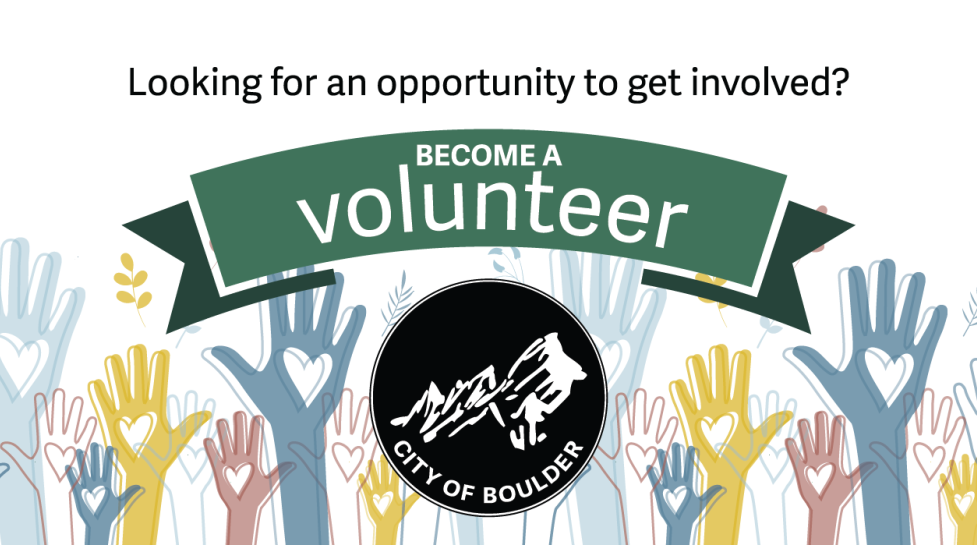 Colorful graphic hands raised in the air with text saying 'Looking for an opportunity to get involved? Become a volunteer.'