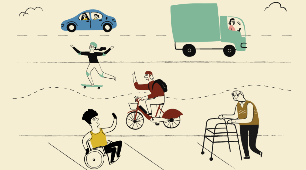 Biker, walker, roller and vehicles sharing streets and paths.