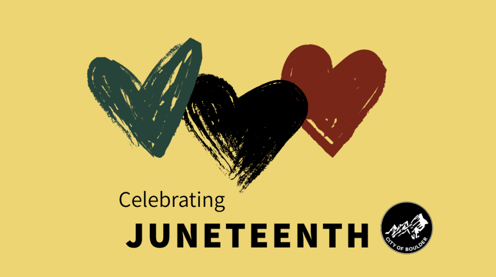 Graphic with hearts and the city's logo and words: Celebrating Juneteenth
