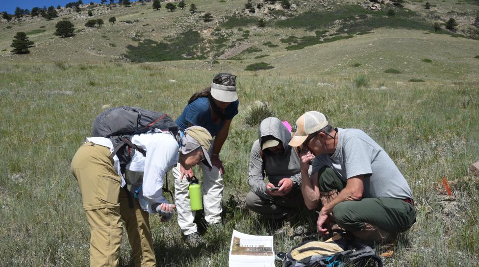 Four people kneeling around a map on the ground of a grassland area backed up to green hills.