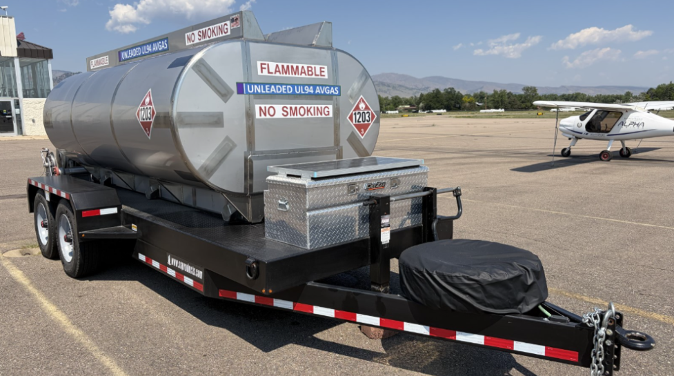 Large unleaded avgas tank mounted on a trailer