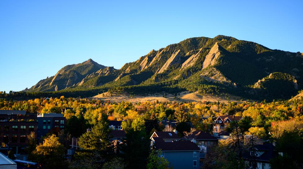 Boulder's Flatirons with fall foliage