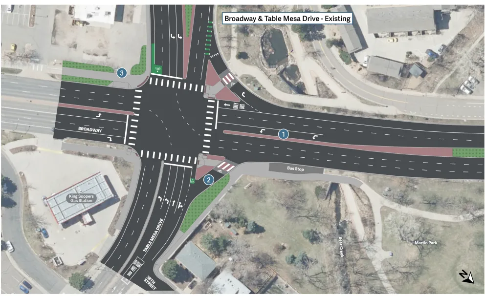 A diagram of the existing intersection layout at Broadway and Table Mesa Drive. Details below on project webpage.