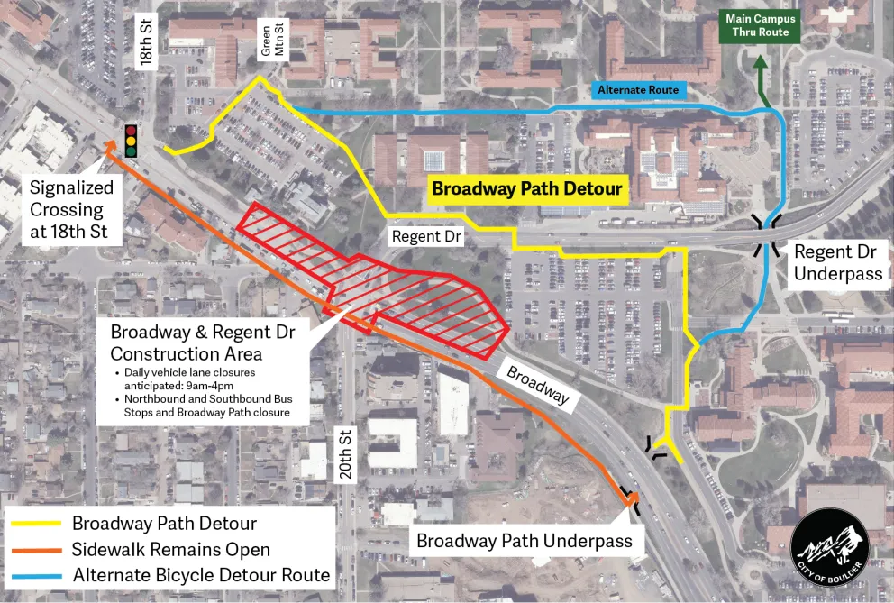 A map showing the bicycle and pedestrian detour routes during construction at the intersection of Broadway and Regent Drive.&nbsp;