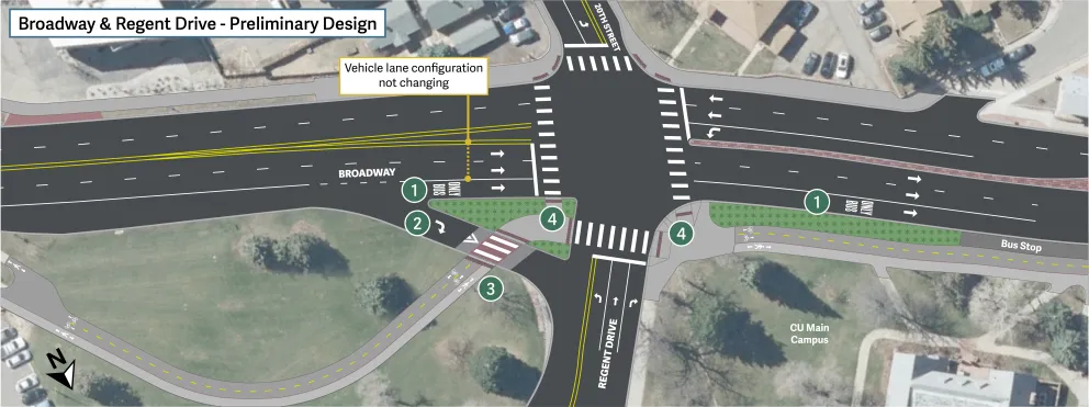 A diagram of the proposed intersection layout at Broadway and Regent Drive. Details below on project webpage.