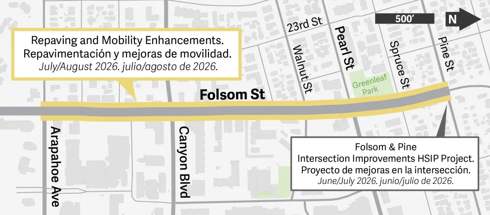 Map of Folsom Street between Pine Street and Arapahoe Avenue showing the extents of the 2026 repaving and mobility enhancements. Long description under Header Web Accessibility.