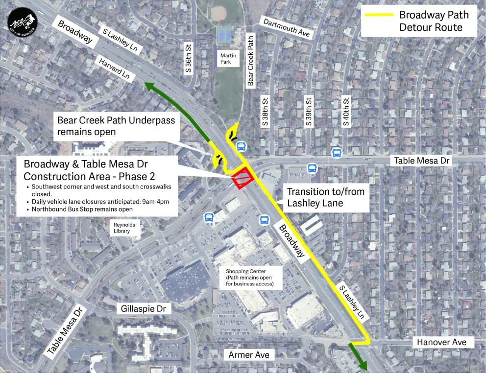 A map showing the bicycle and pedestrian construction-free routes during construction at the intersection of Broadway and Table Mesa Drive.  