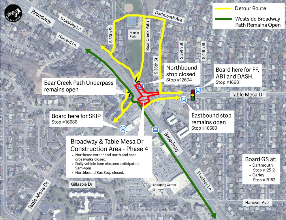 Bicycle and pedestrian construction-free routes at the intersection of Broadway and Table Mesa Drive. Details on project webpage. 