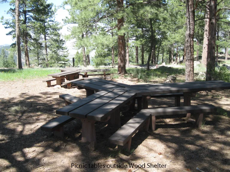 Picnic Tables outside Wood Shelter