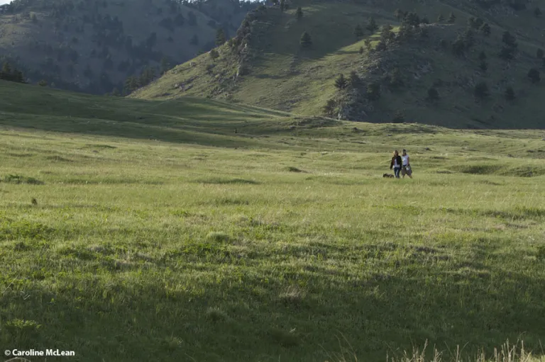 Two women hiking with a dog