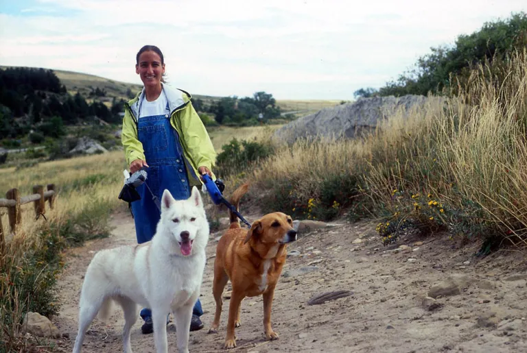 Woman hiking with two dogs