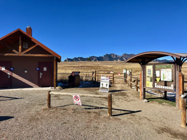 Flatirons Vista Trailhead restroom and sign