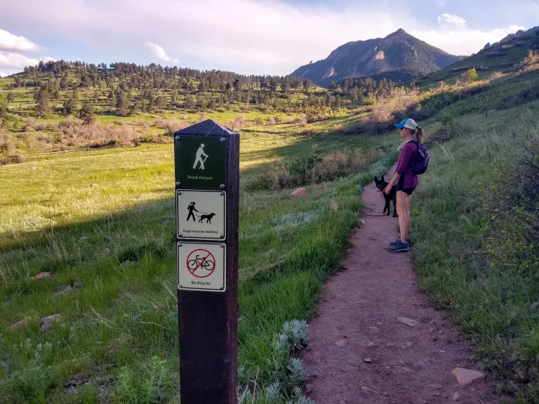 Woman hiking with dog on Skunk Canyon Trail in spring