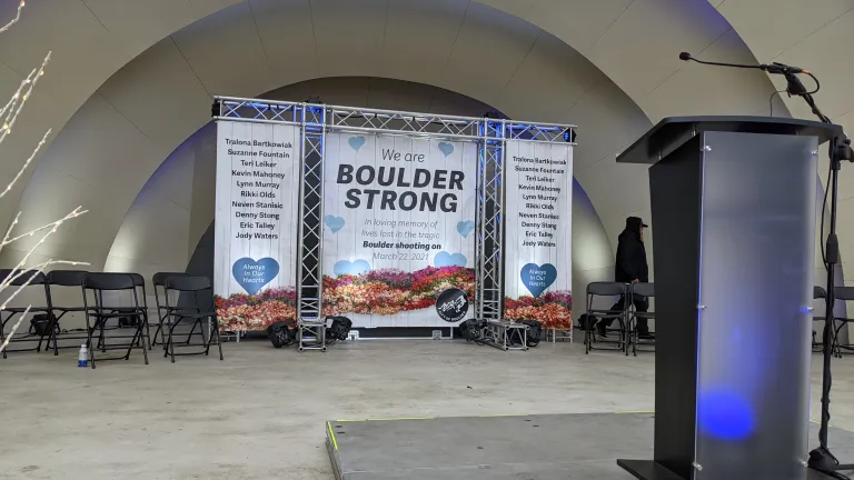 Boulder Strong Banners at the bandshell for the March 22 Communitywide Day of Remembrance 