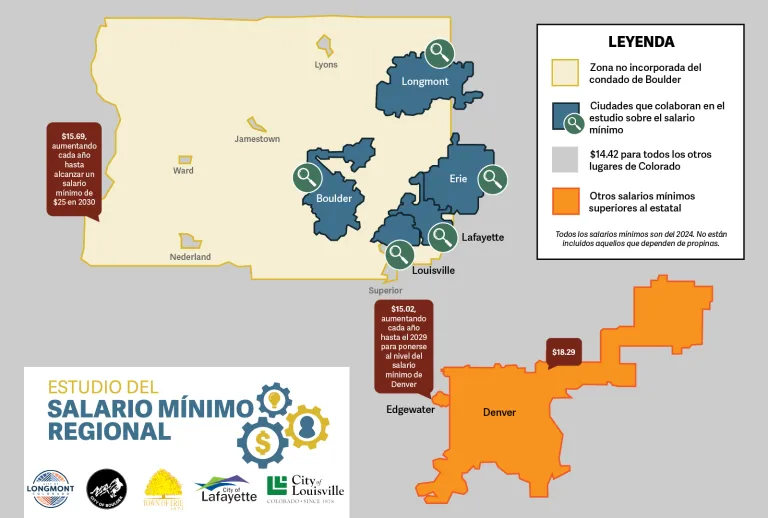 Mapa del salario mínimo en 2024 en la zona metropolitana de Boulder-Denver