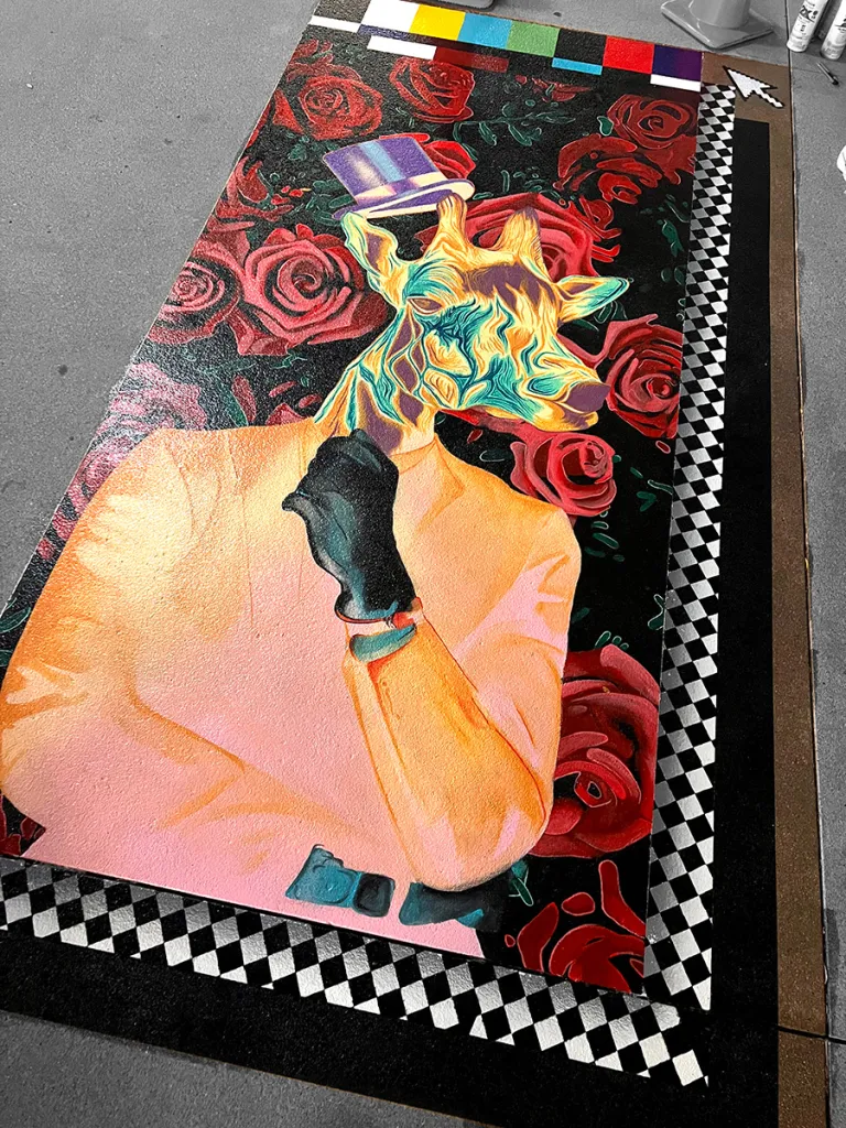 Mural of a giraffe head on a human body with roses in the background 