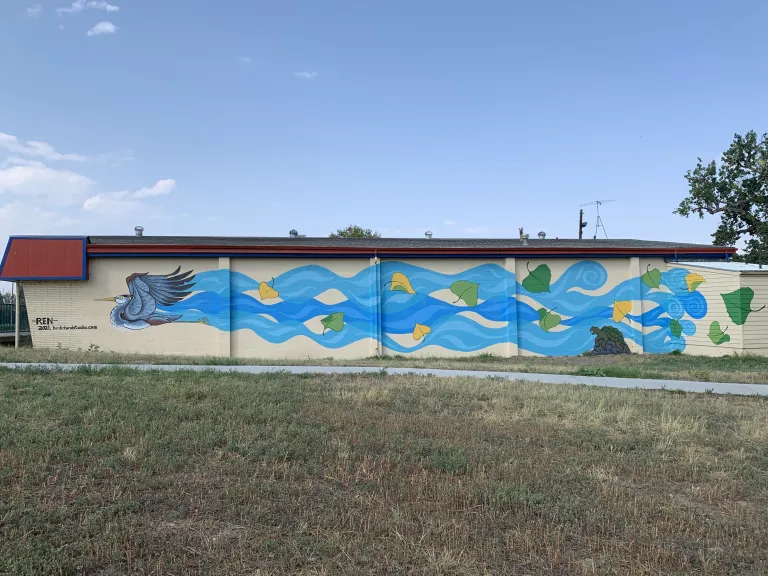 Mural visualizing the wind coming off a bird's wings when flying