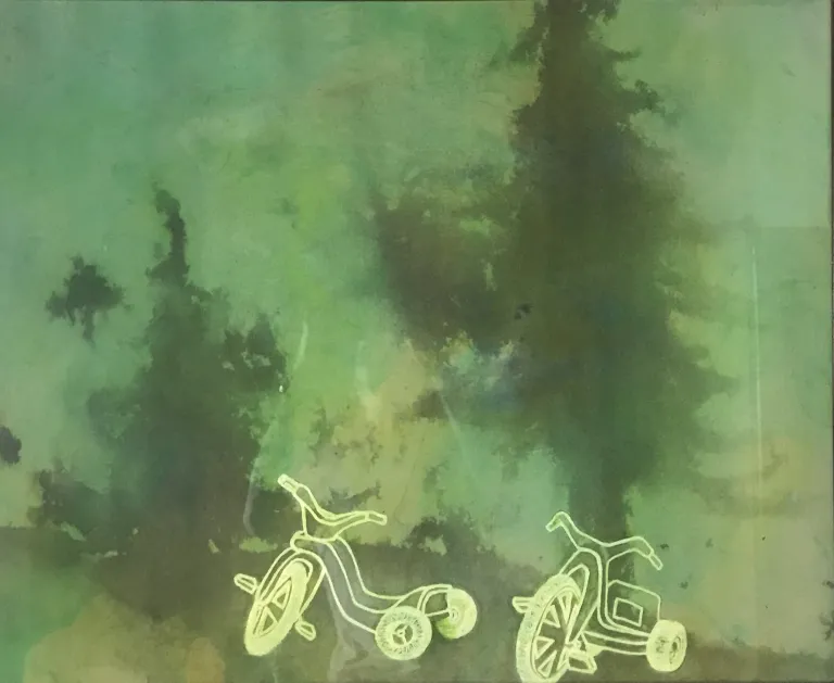 Faded nature scene with kids bicycles outlined 