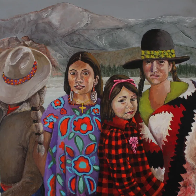 Mural of a destressed family in cowboy hats with mountains in the background