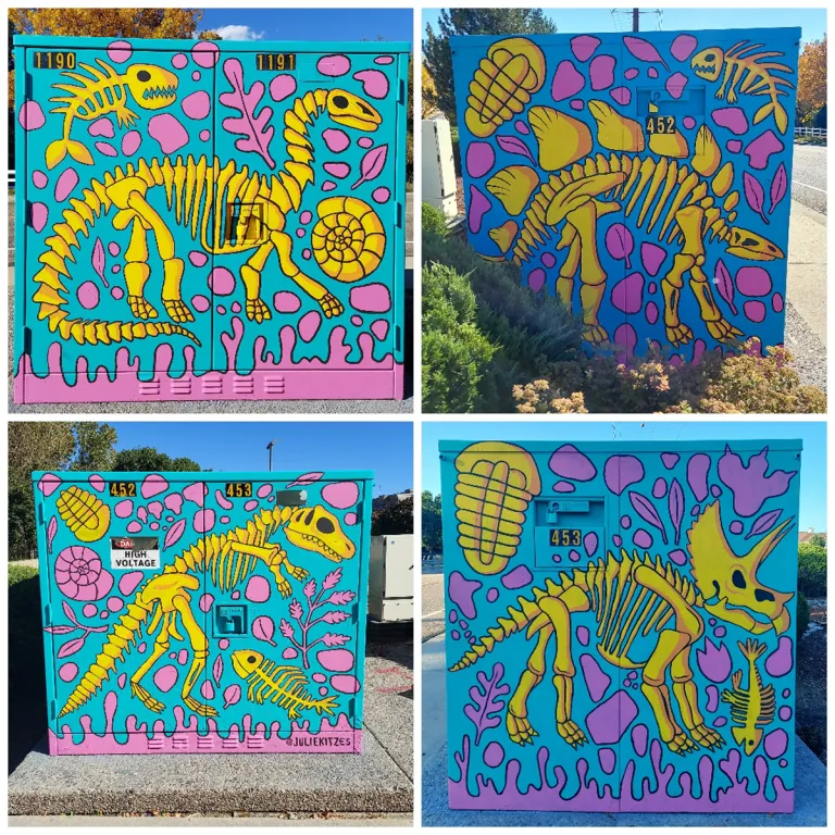 Dinosaurs in bone form on all sides of an electrical box