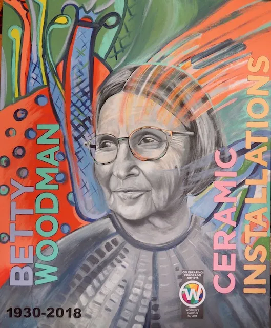 Portrait of Betty Woodman with abstract motifs in the background