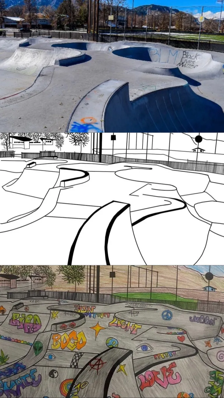 Process work for a mural done within a skatepark 