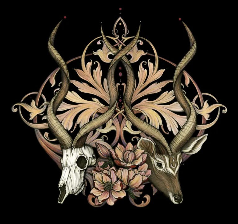 Animal head alive and skull with nature motifs