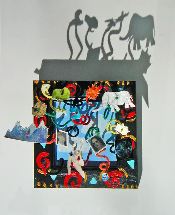 A mural of a collage with a shadow