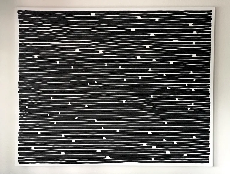 Black line painting with white dots and texture 