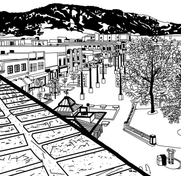 Black and white detailed sketch of Pearl Street 