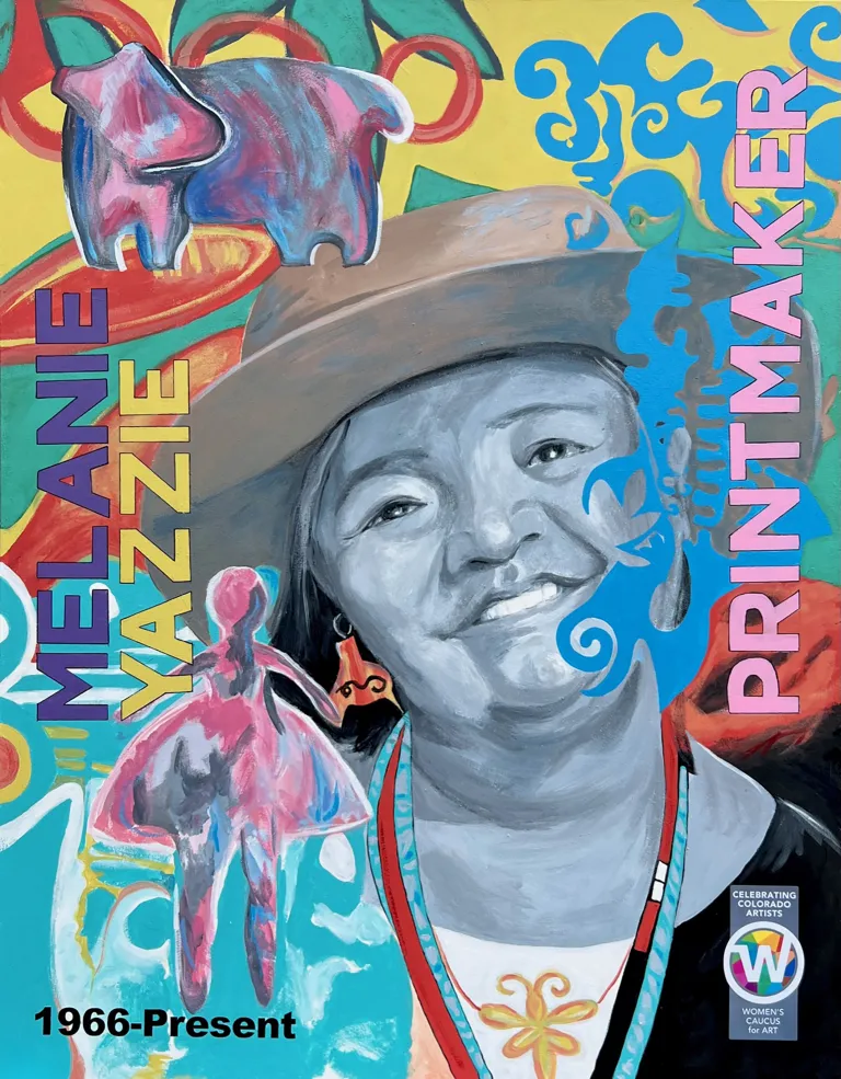 Portrait of Melanie Yazzie with motifs of prints