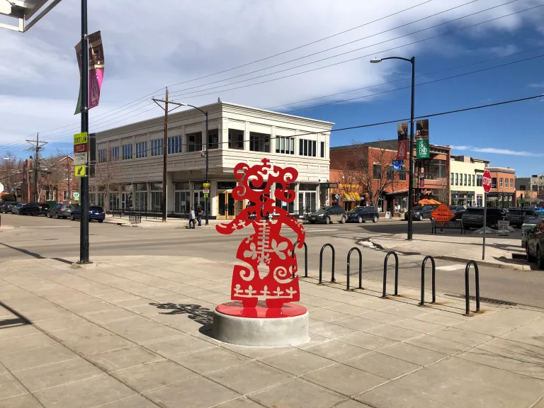 Sculpture with the intersection in the background