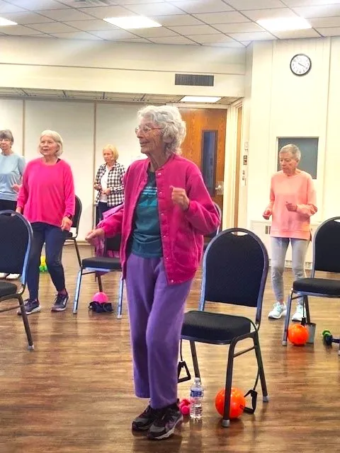 Older adults participating in a chair-based strength class.