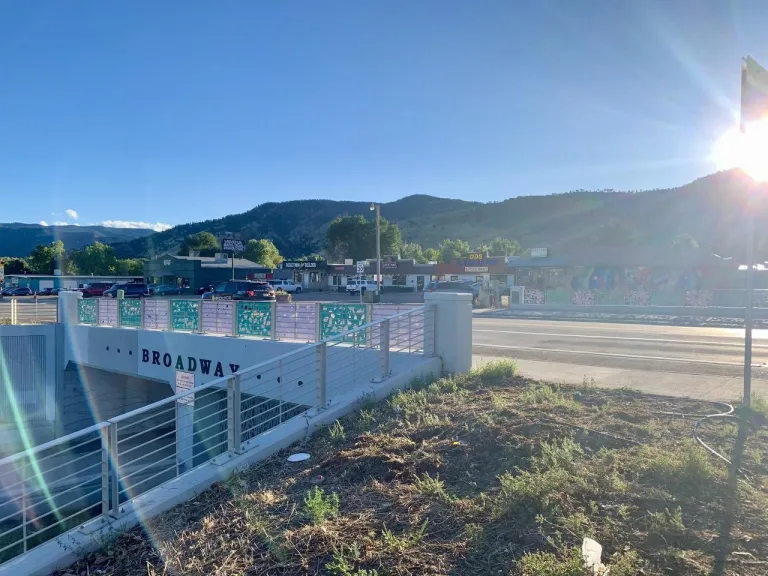 Photo of Broadway Ave. overpass with Sharon Dowell's art on the bridge railings