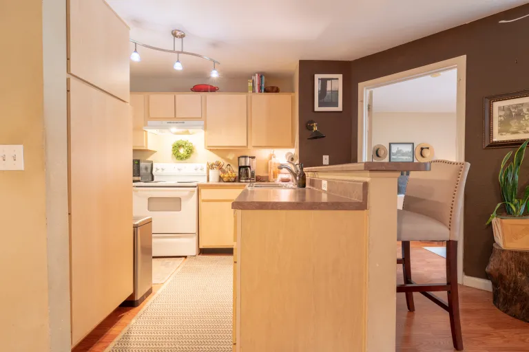 Kitchen view island fridge and stove