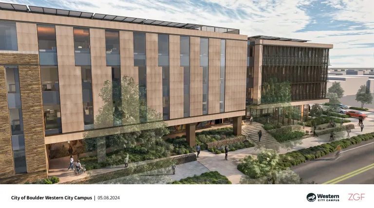 Render of side of large building spanning a block. Building has large windows and stone walls.
