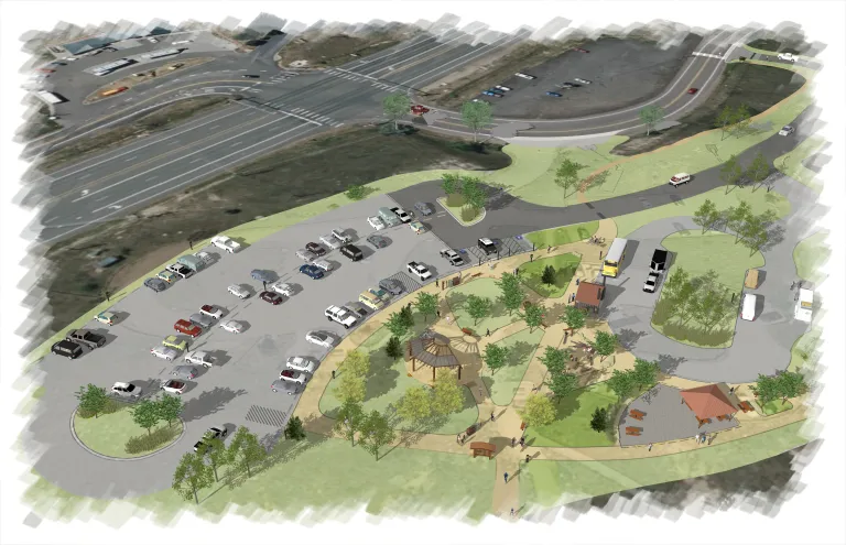 Illustrative plan of the new trailhead depicting safe, multi-modal access for bikes, shuttles, and trailers, as well as ample accessible and typical parking. 