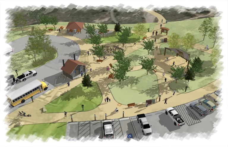 Illustrative plan of new trailhead visitor infrastructure including gathering areas, restroom, shade structures, bike racks, and seating.