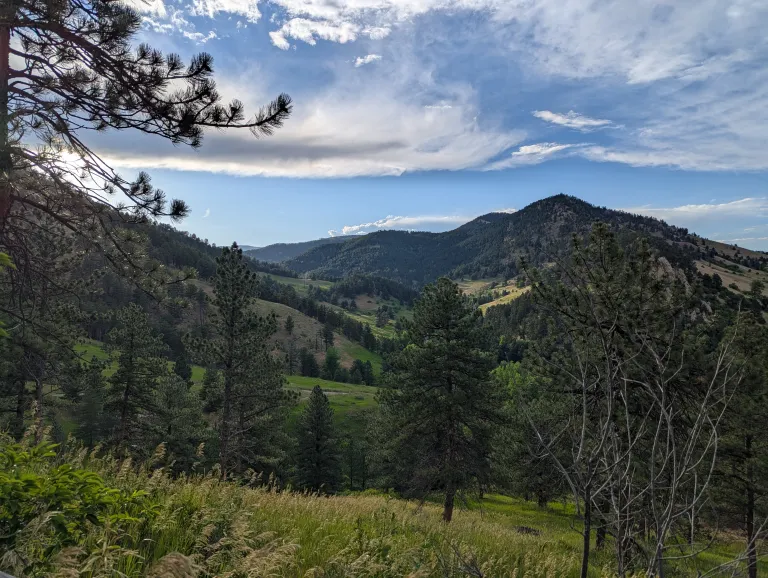 Looking toward Sunshine Canyon from the Red Rocks Trail in early summer with green vegetation.