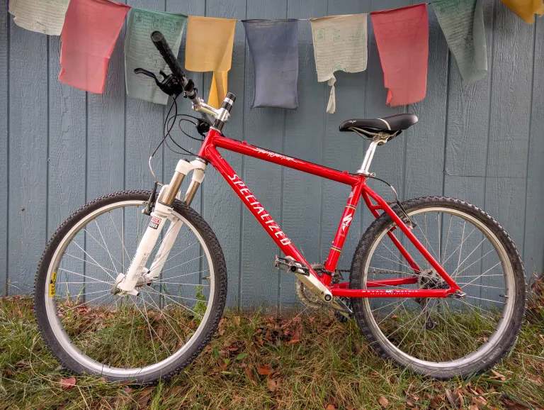 Red bicycle in front of a slate blue fence with prayer flags. 