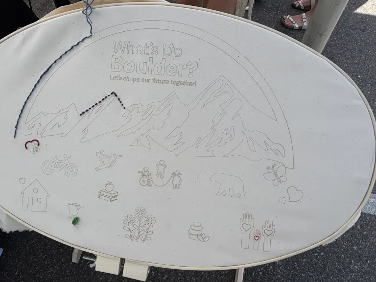 Oval cross stich ring with a What's Up Boulder logo and mountain design