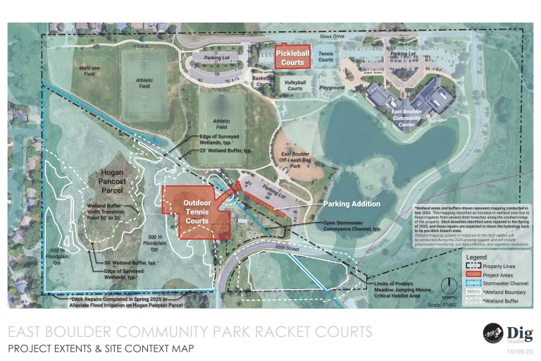 Graphic of project site showing the location of pickleball and tennis courts