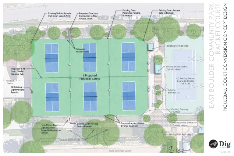 Graphic showing the layout of 6 pickleball courts